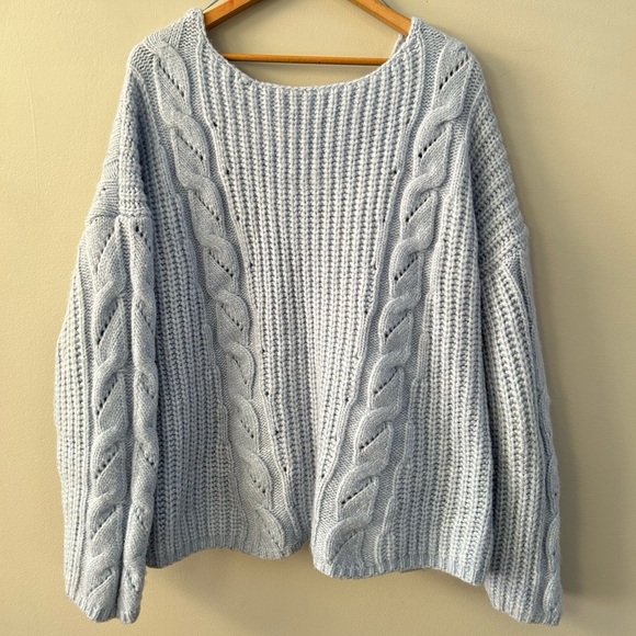 Anthropologie Ramona Blue V-Neck Slouchy Cable Knit  Alpaca Blend Sweater - Picture 5 of 7
